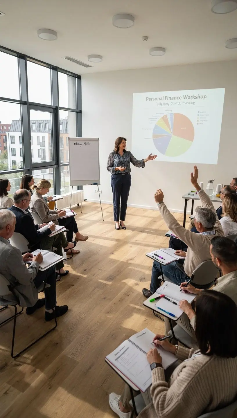 Stół z materiałami edukacyjnymi i zeszytami roboczymi dostępnymi na wydarzeniu finansowym.