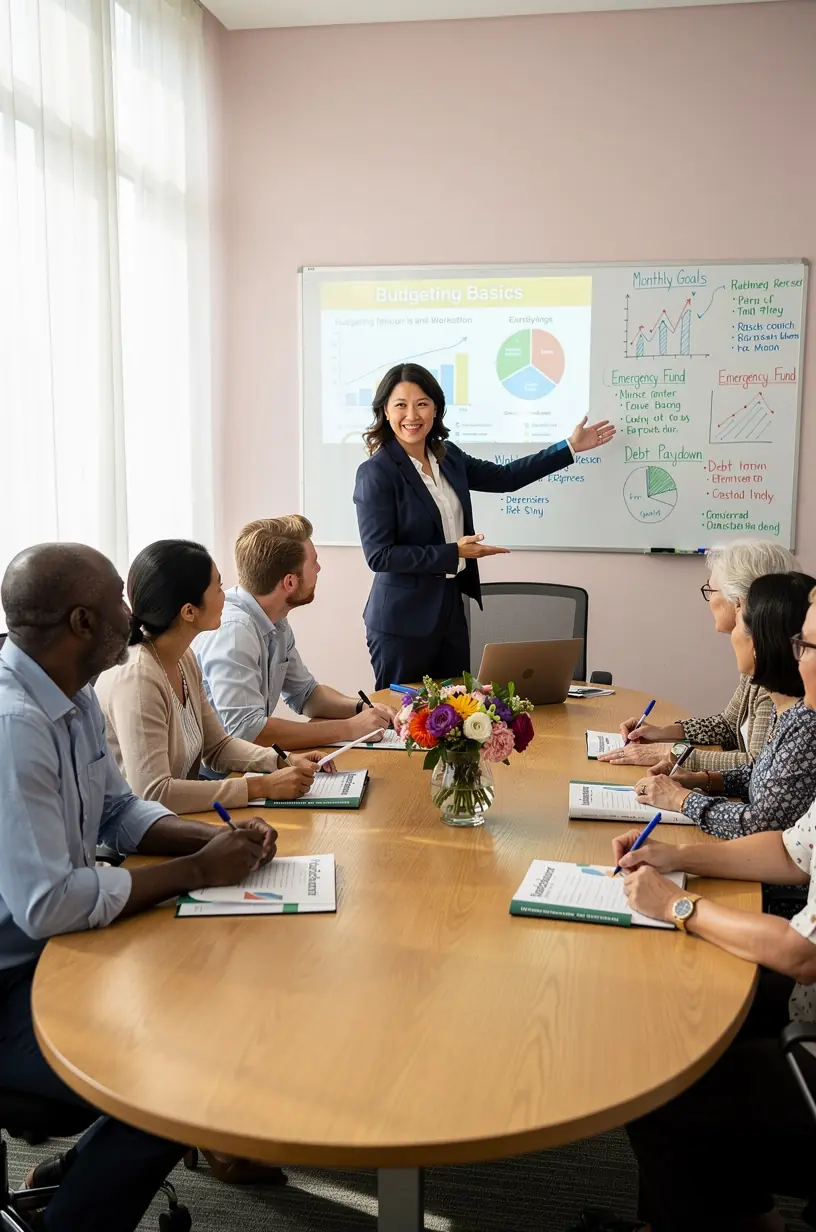 Grupa uczestników warsztatów finansów osobistych słuchających prelegenta podczas interaktywnej sesji edukacyjnej z materiałami do pracy na stole.